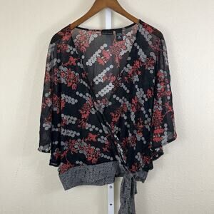 Vintage Y2K Kimono Blouse XL Balloon Sleeve Faux Wrap Sheer Whimsigoth Witchy